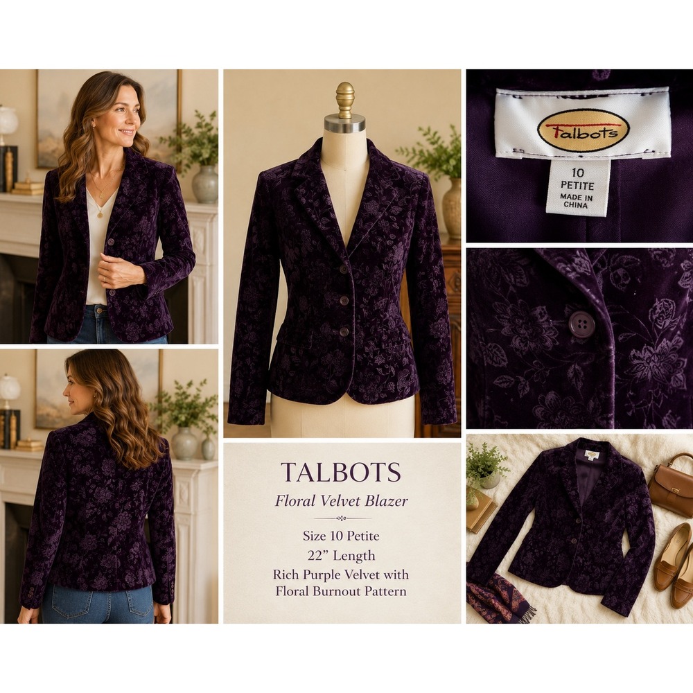 Talbots Women's 100% Cotton Office Purple Floral Velvet Blazer Jacket 10 Petite
